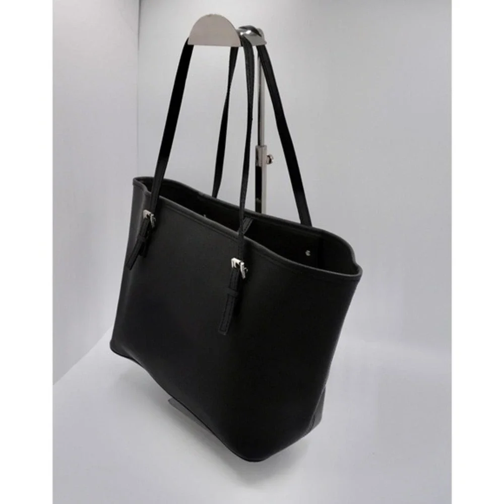 Michael Kors Voyager Medium Tote Bag Black Saffiano Leather Silver‎ Tone 37-03